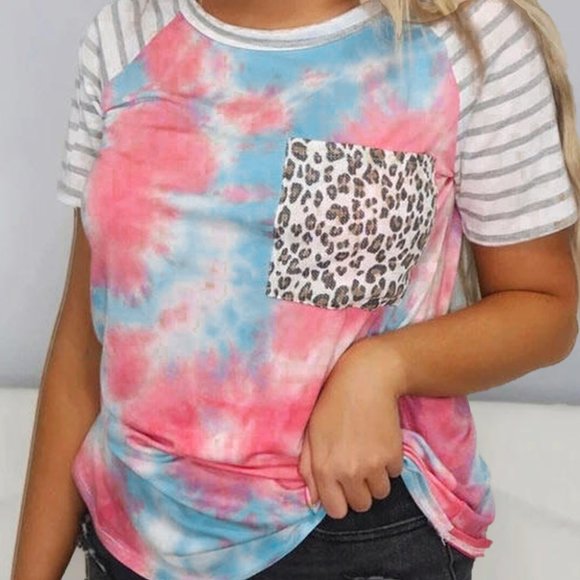 Tops - Tie Dye Leopard Print Spliced Top